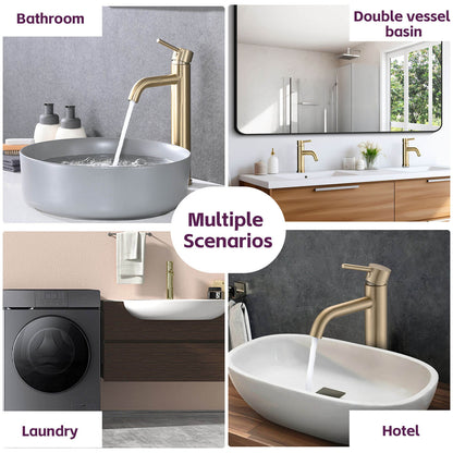 multiple scenarios of Brushed Gold Tall Single Hole Bathroom Faucet