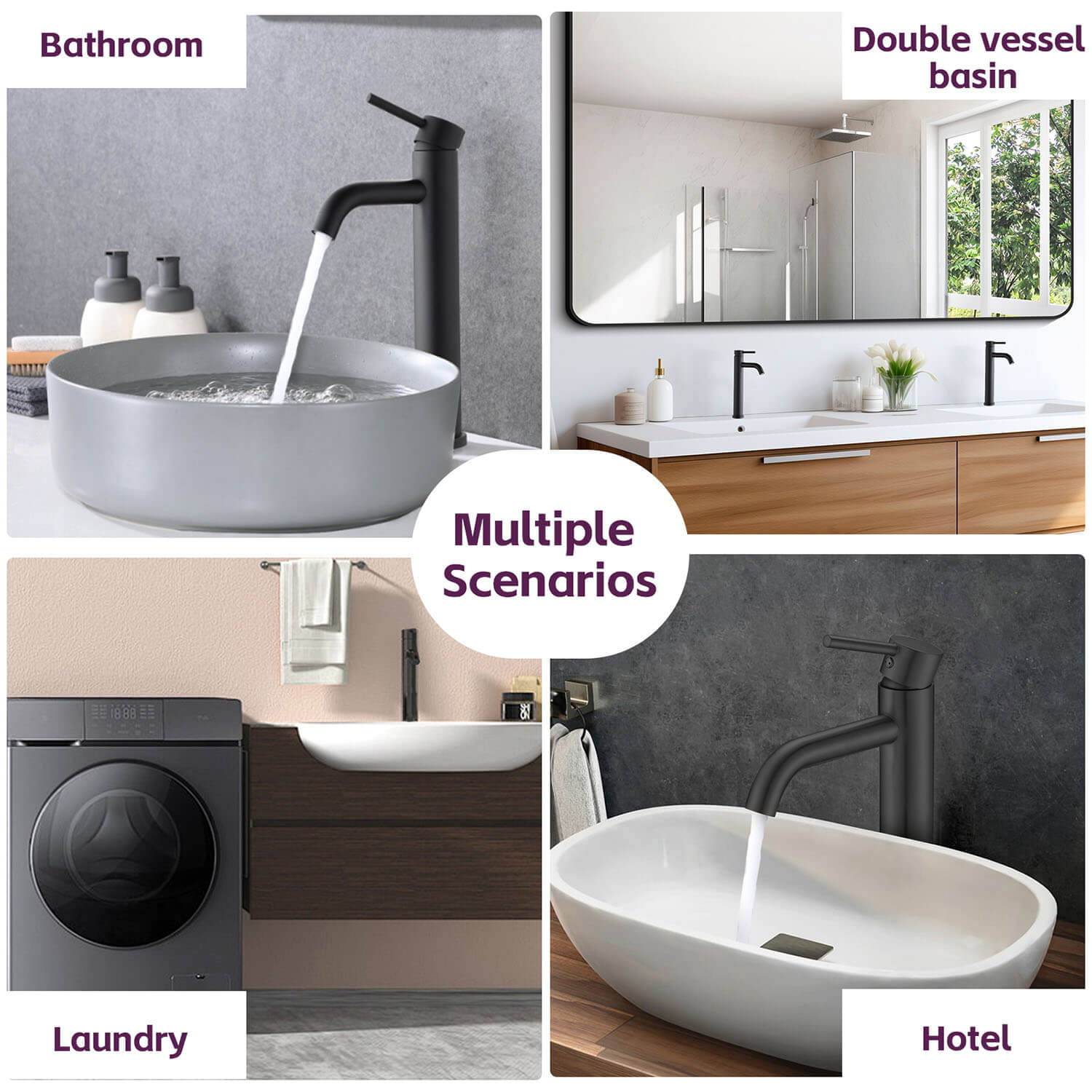 multiple scenarios of Matte Black Tall Single Hole Bathroom Faucet