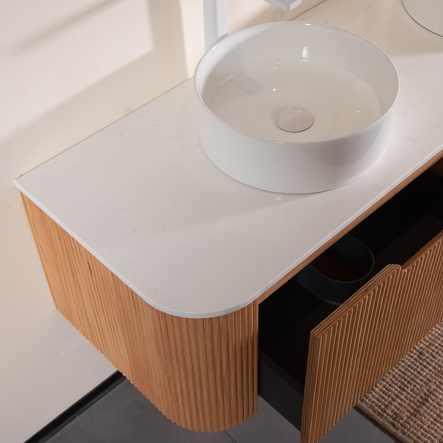 natural wood bathroom vanity with soft close drawers