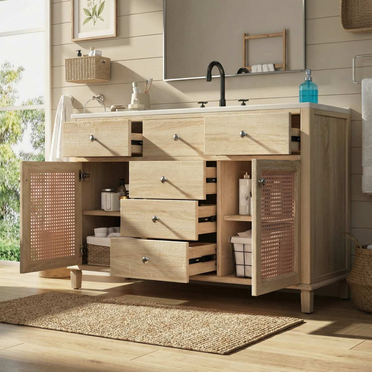 natural rattan bathroom vanity with ceramic sink in sunlit coastal bathroom with open drawers