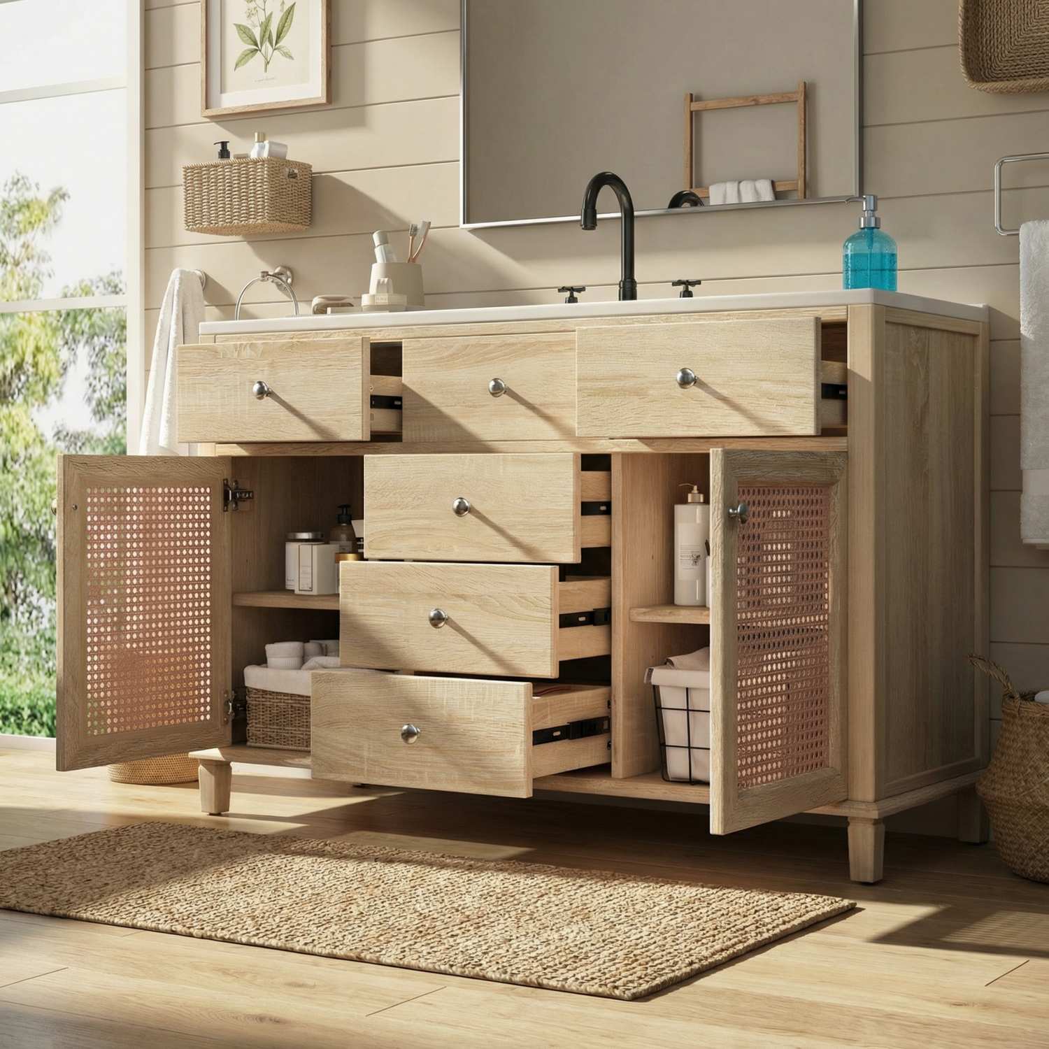 natural rattan bathroom vanity with ceramic sink in sunlit coastal bathroom with open drawers