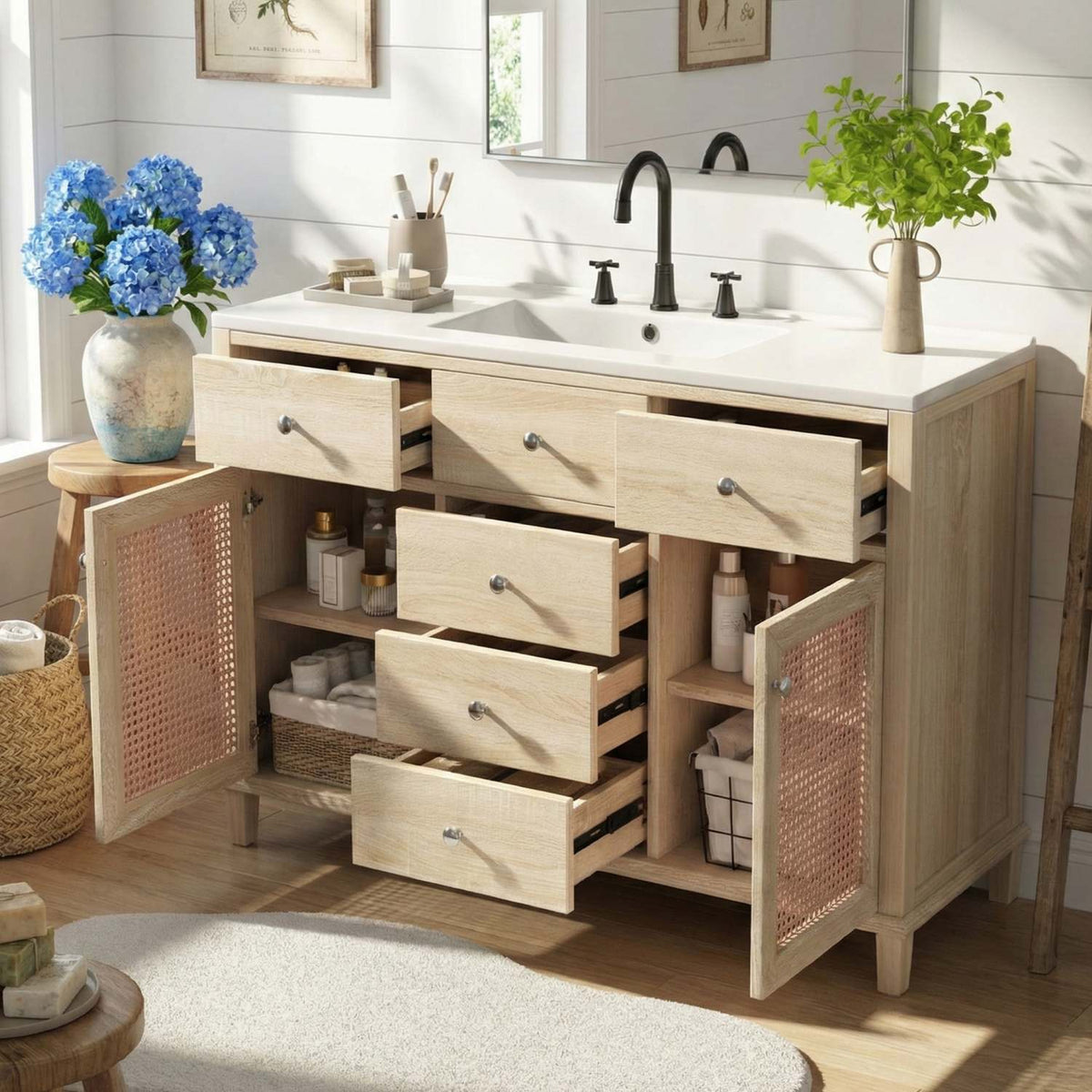 oak rattan bathroom vanity cabinet with 5 drawer storage in nature inspired bathroom decor