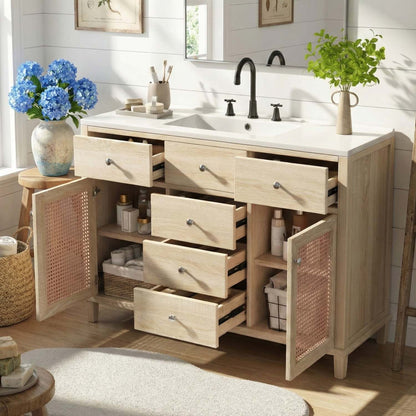 oak rattan bathroom vanity cabinet with 5 drawer storage in nature inspired bathroom decor
