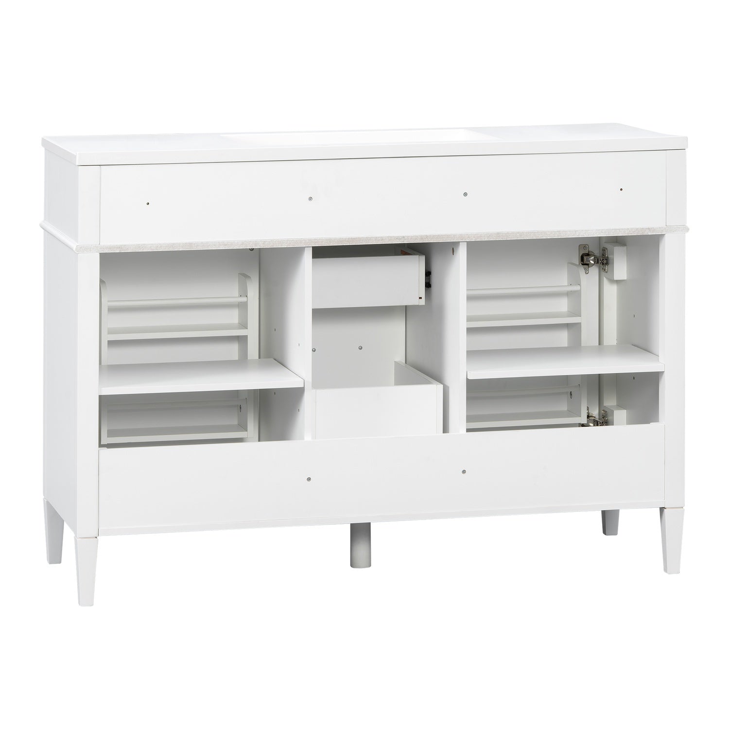 open back plumbing panel design on 48 inch white bathroom vanity cabinet for easy installation