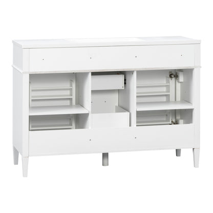 open back plumbing panel design on 48 inch white bathroom vanity cabinet for easy installation