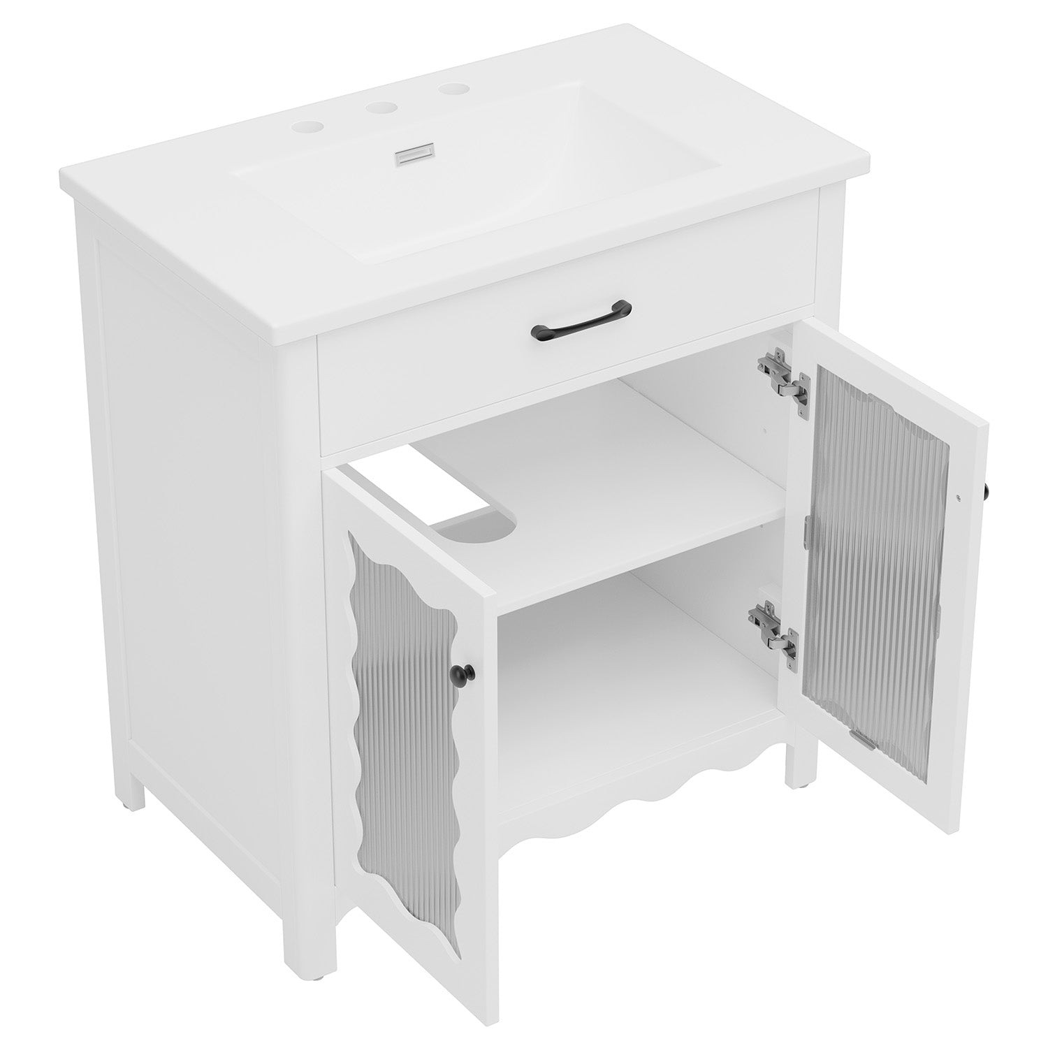open cabinet showing adjustable shelves inside white vanity