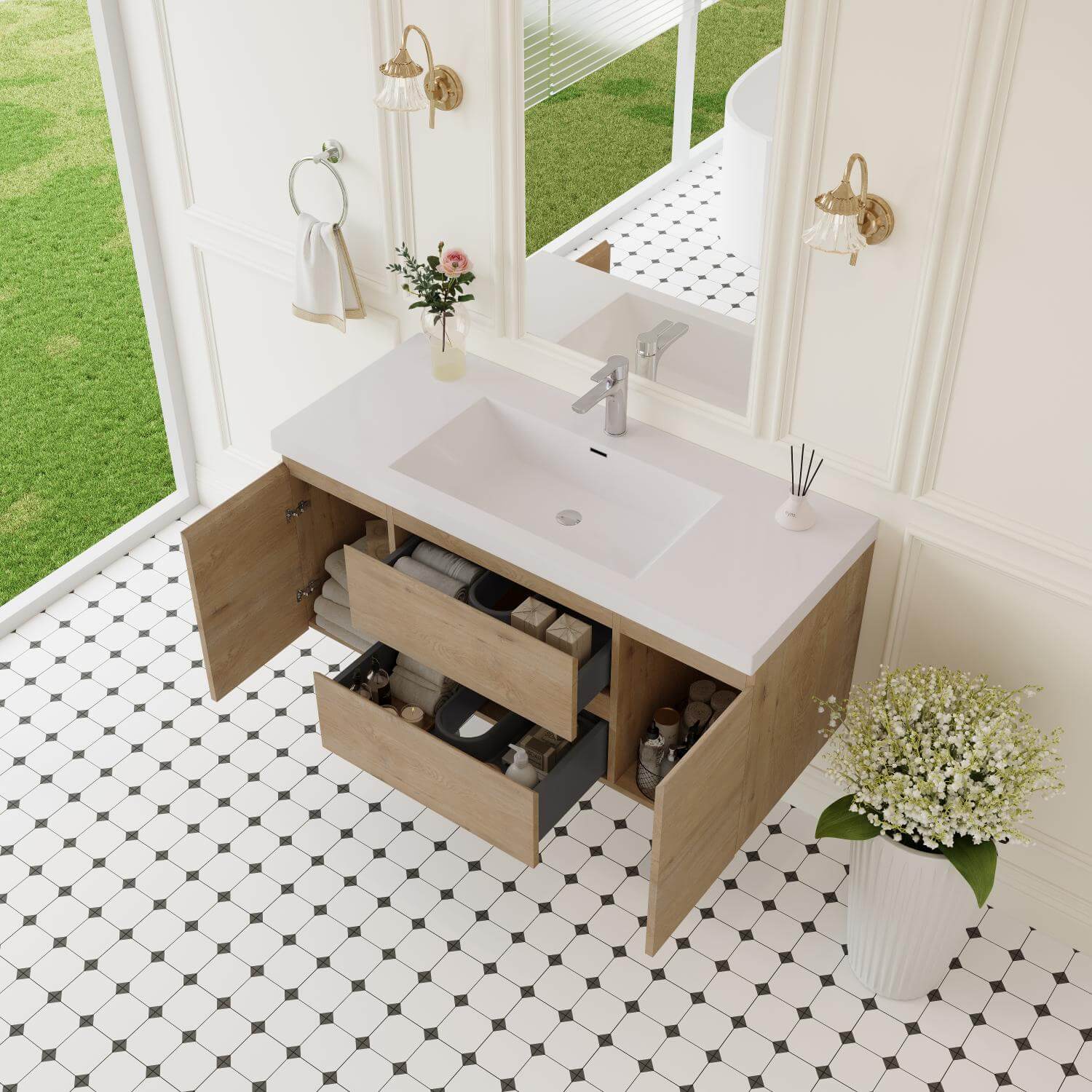 open drawers of 48 inch floating vanity showing large storage capacity