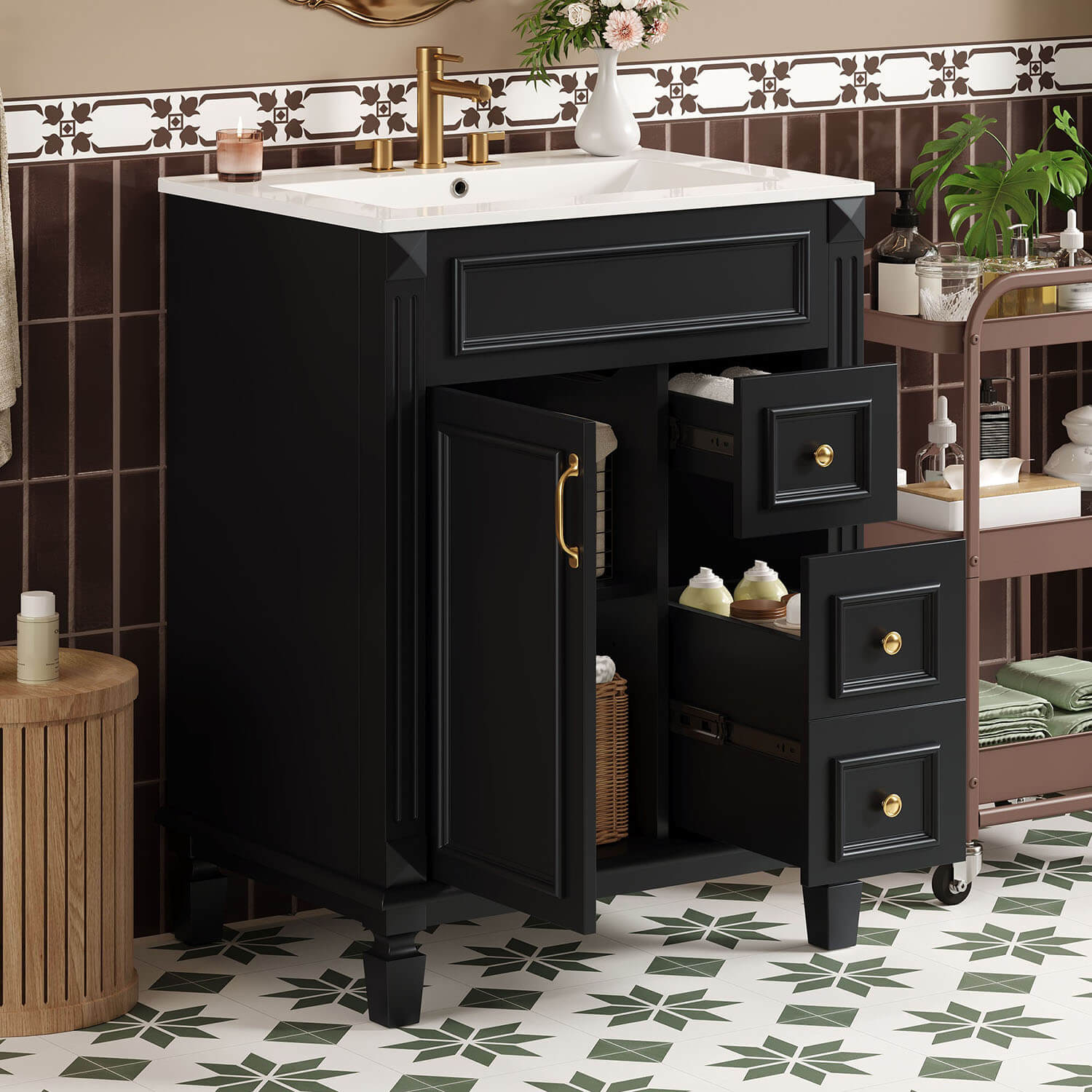 open storage showing drawers and shelf inside black bathroom vanity
