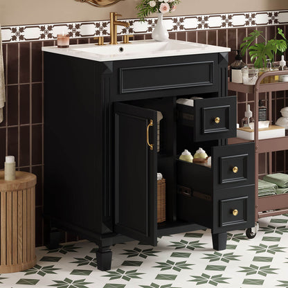 open storage showing drawers and shelf inside black bathroom vanity
