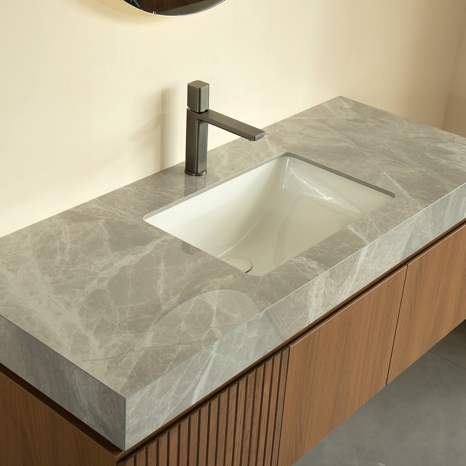 plywood bathroom vanity with durable stone surface