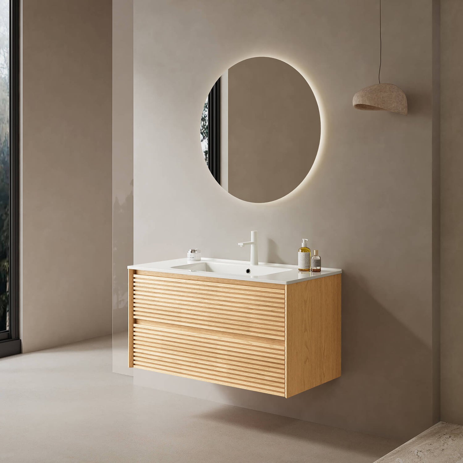 plywood vanity cabinet with wood grain texture