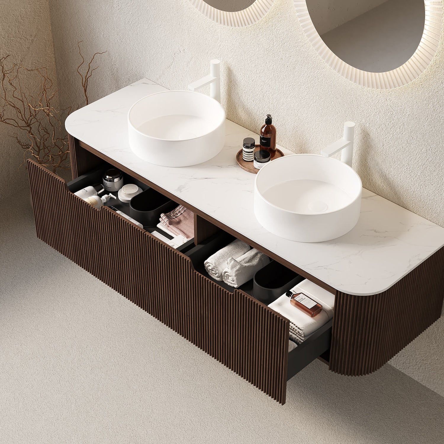 pre assembled walnut bathroom vanity with marble countertop