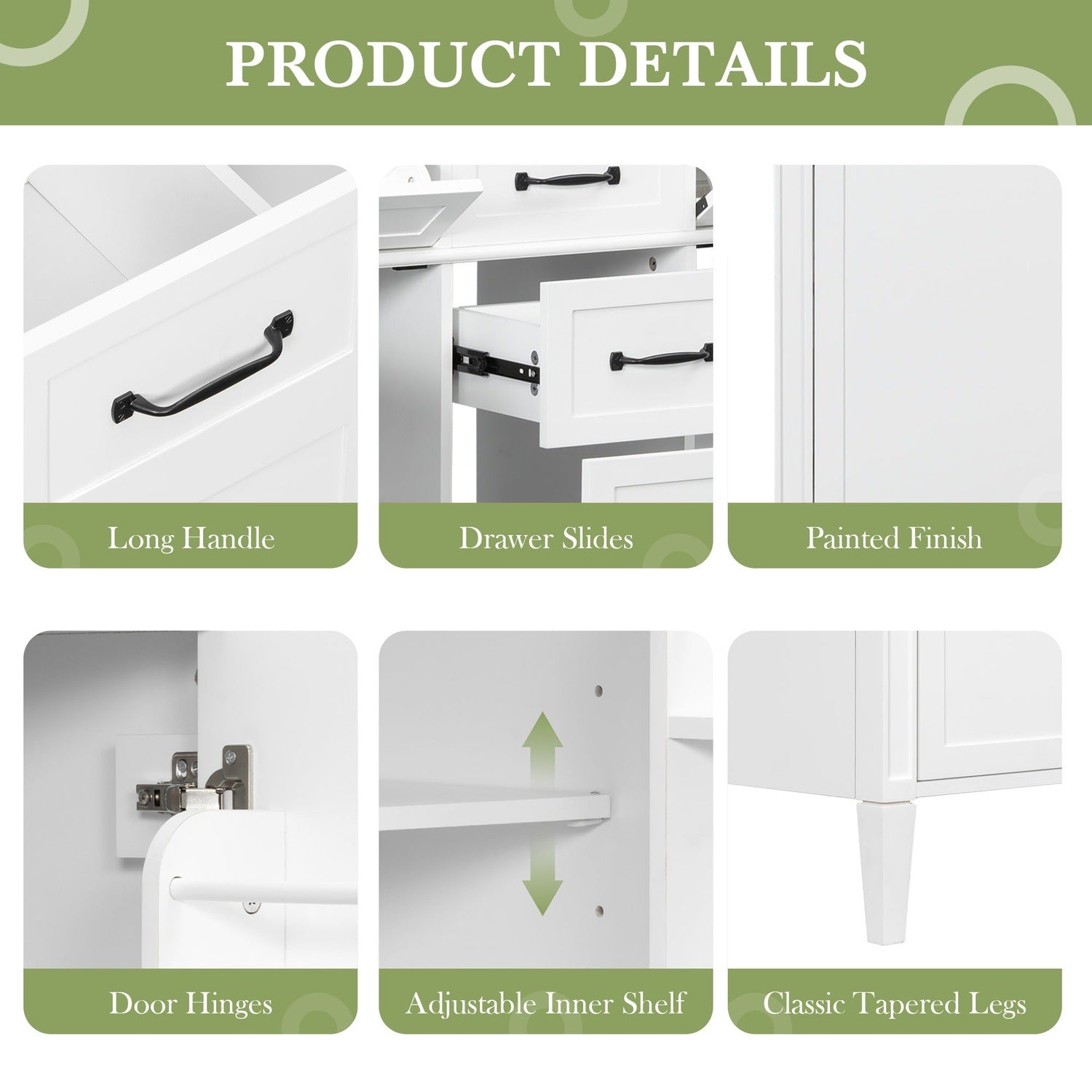 premium white bathroom vanity hardware details painted finish tapered legs adjustable interior shelf drawer slides