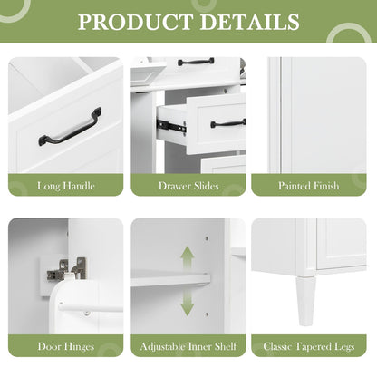 premium white bathroom vanity hardware details painted finish tapered legs adjustable interior shelf drawer slides