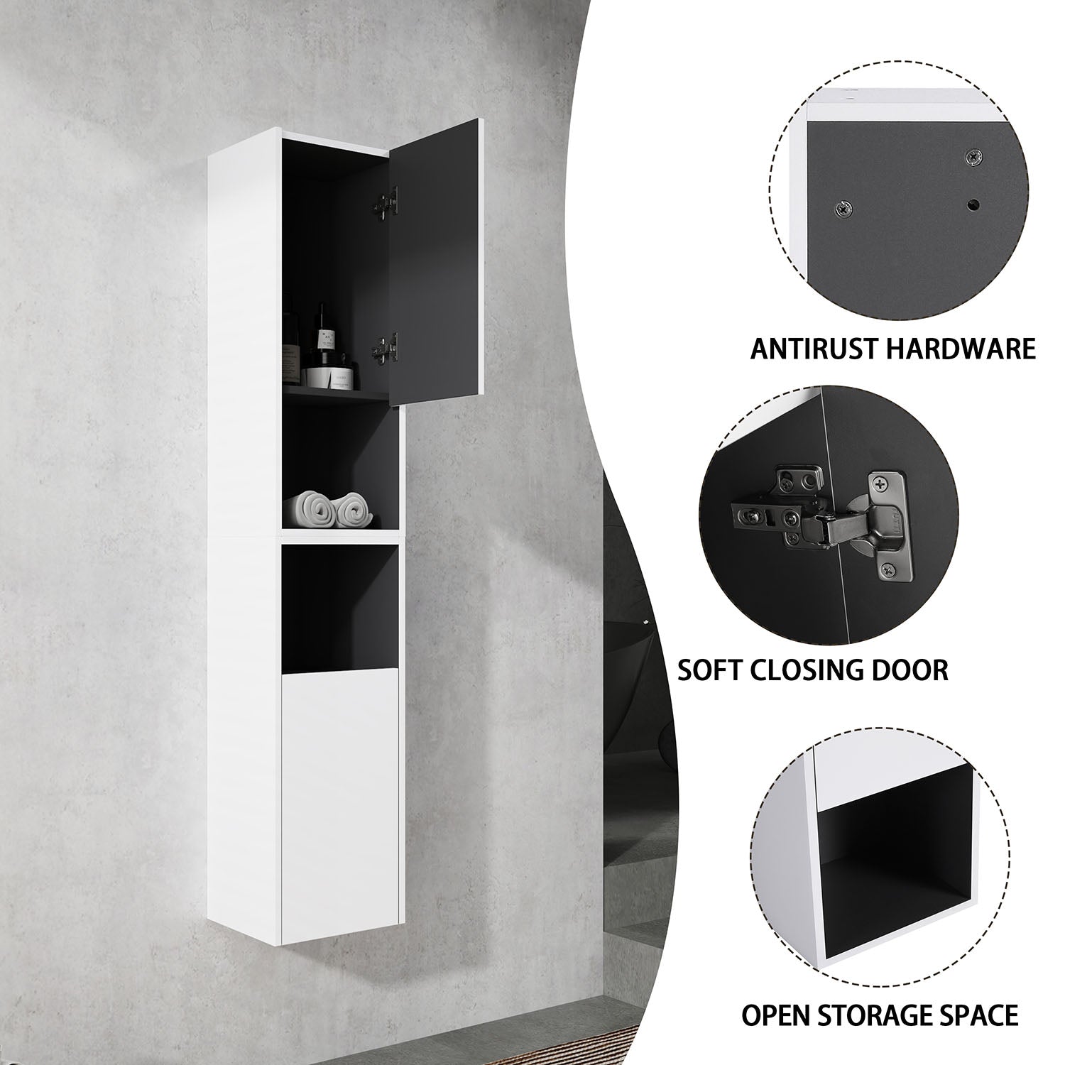 product details of 24 inch White Bathroom Wall Cabinet with Soft Close Doors and Open Shelves