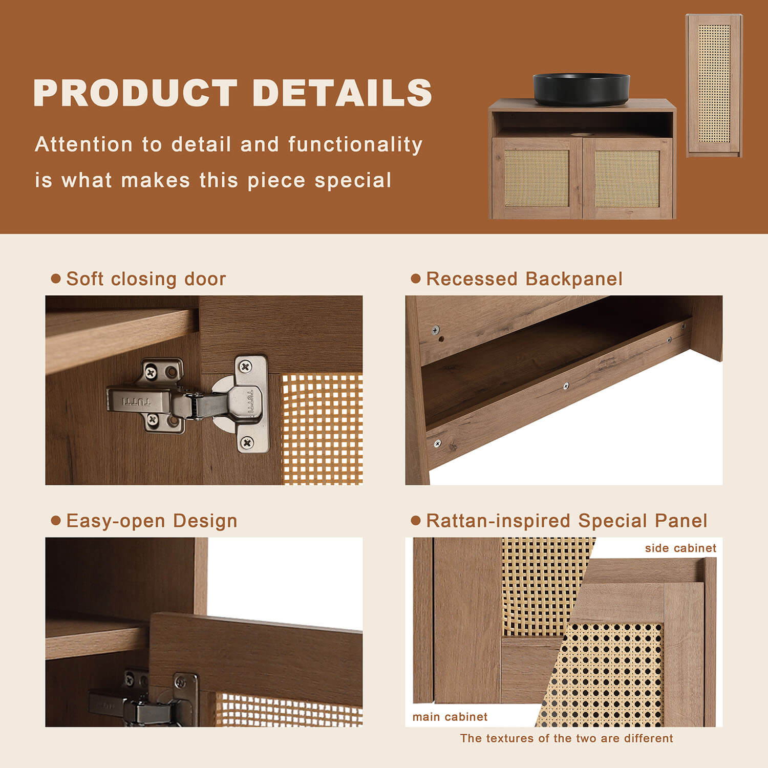product details of 30" White Oak Floating Vanity with Black Ceramic Sink