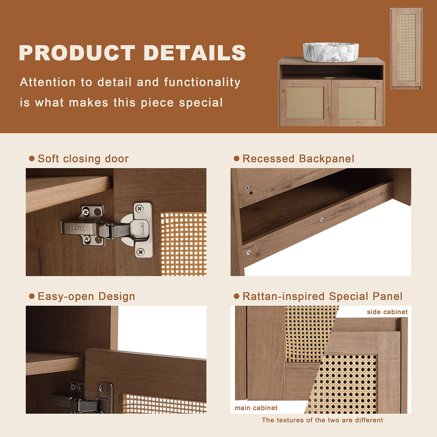 product details of 30" White Oak Floating Vanity with Marble-Veined Ceramic Sink