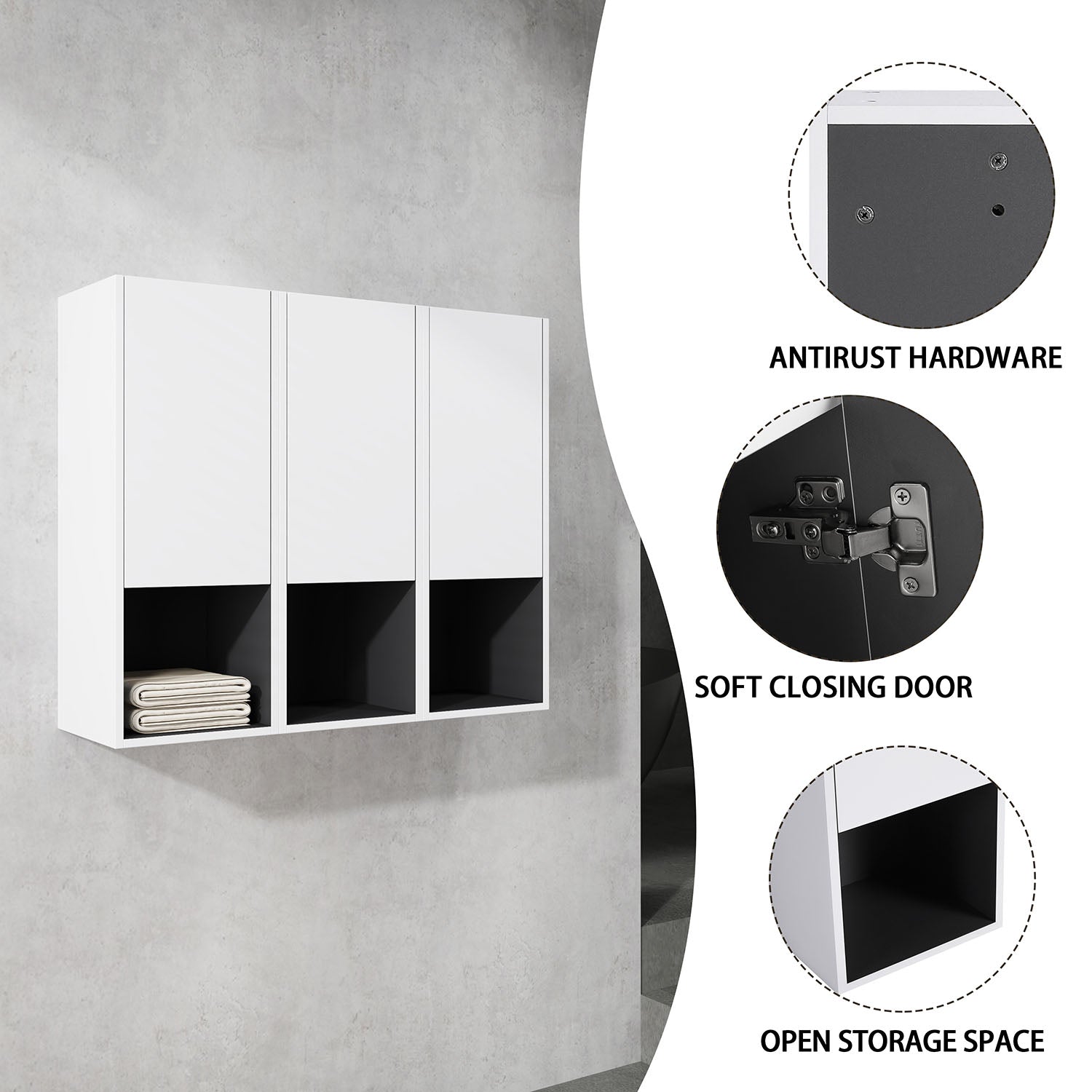 product details of 36 inch White Bathroom Wall Cabinet with Soft Close Doors and Open Shelves