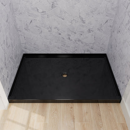 pure black 48x32 inch shower base installed in modern luxury shower space