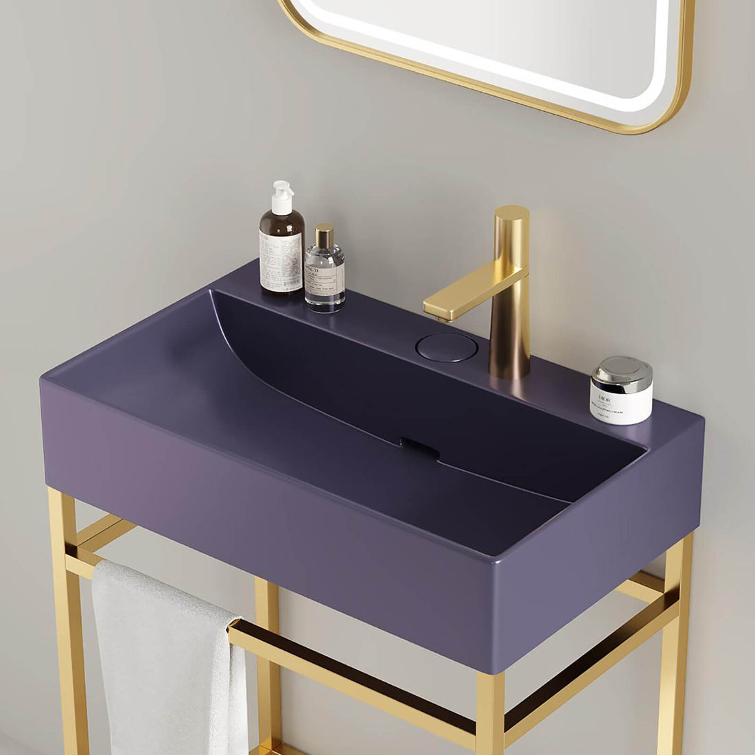 purple ceramic sink with gold metal frame
