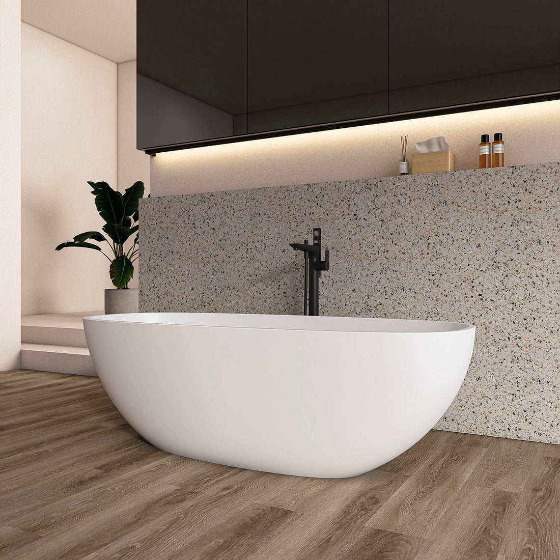 67" Oval Freestanding Solid Surface Bathtub, Matte White Soaking Tub with Ergonomic Design