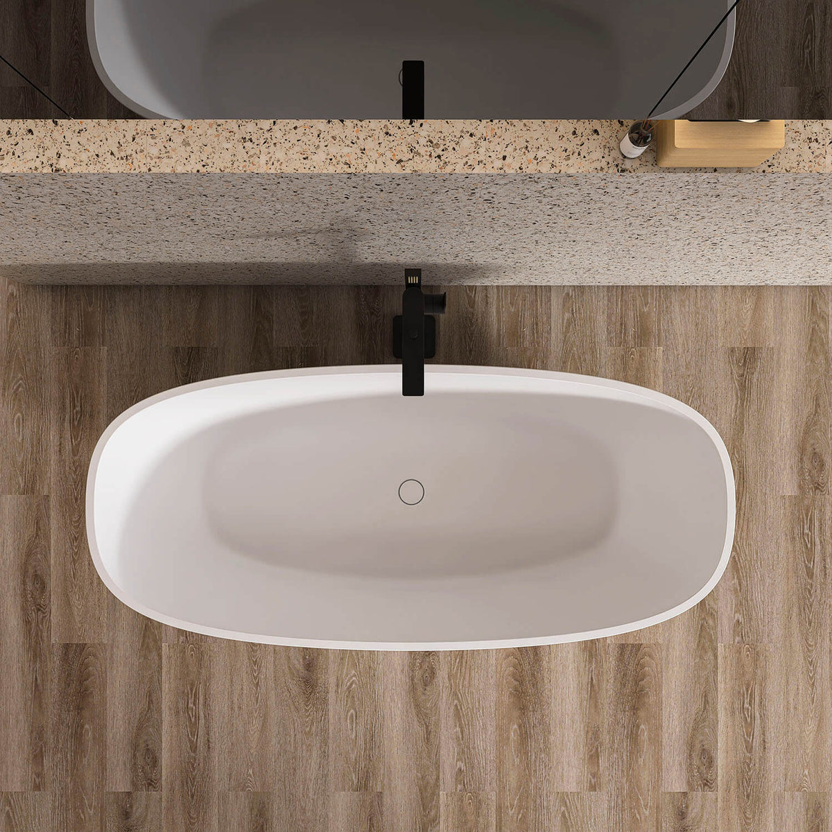 Bañera exenta de diseño contemporáneo de resina de piedra de superficie sólida de 67 pulgadas con rebosadero.
