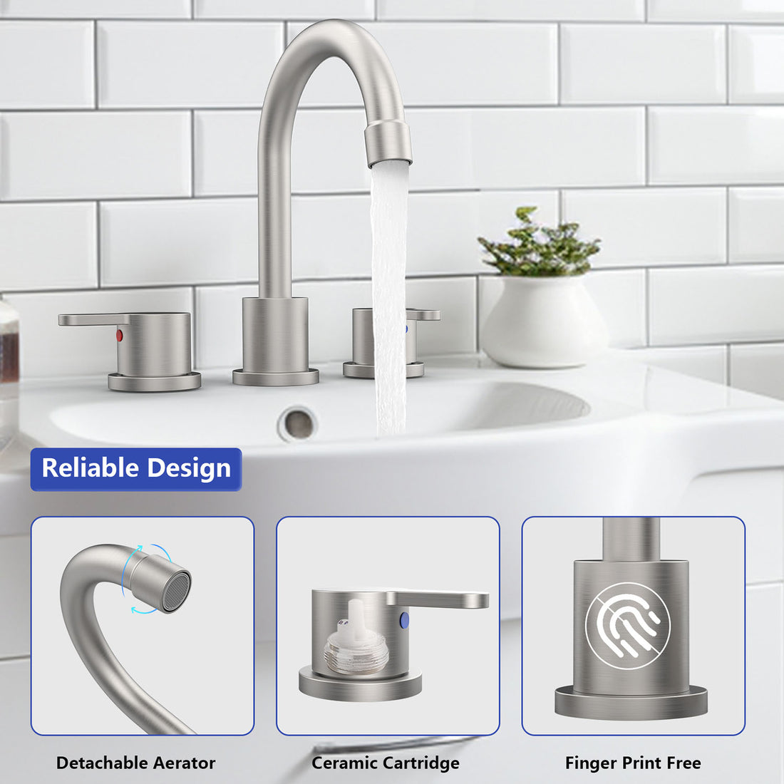 reliable design of Brushed Nickel 3 hole Widespread Bathroom Sink Faucet