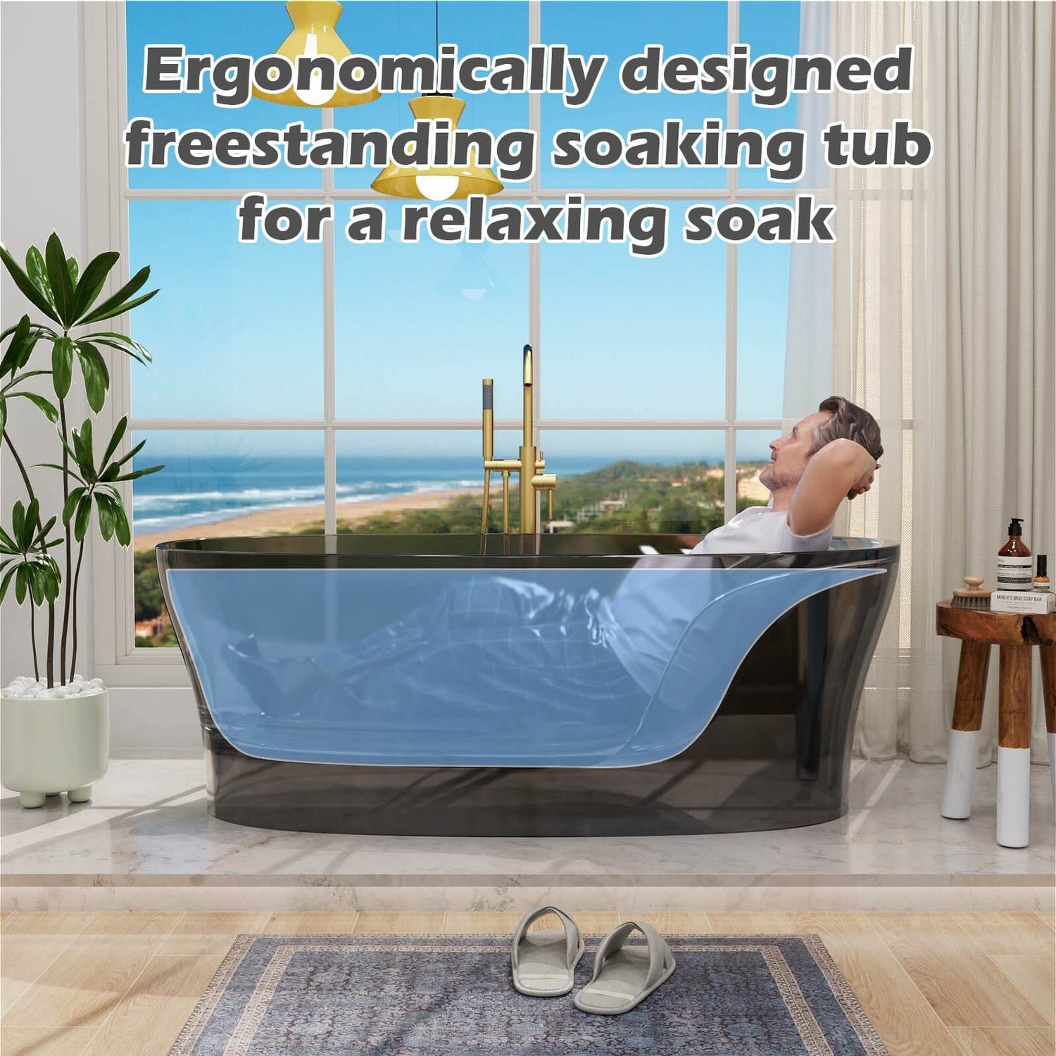resin soaking tub with built in lumbar support backrest