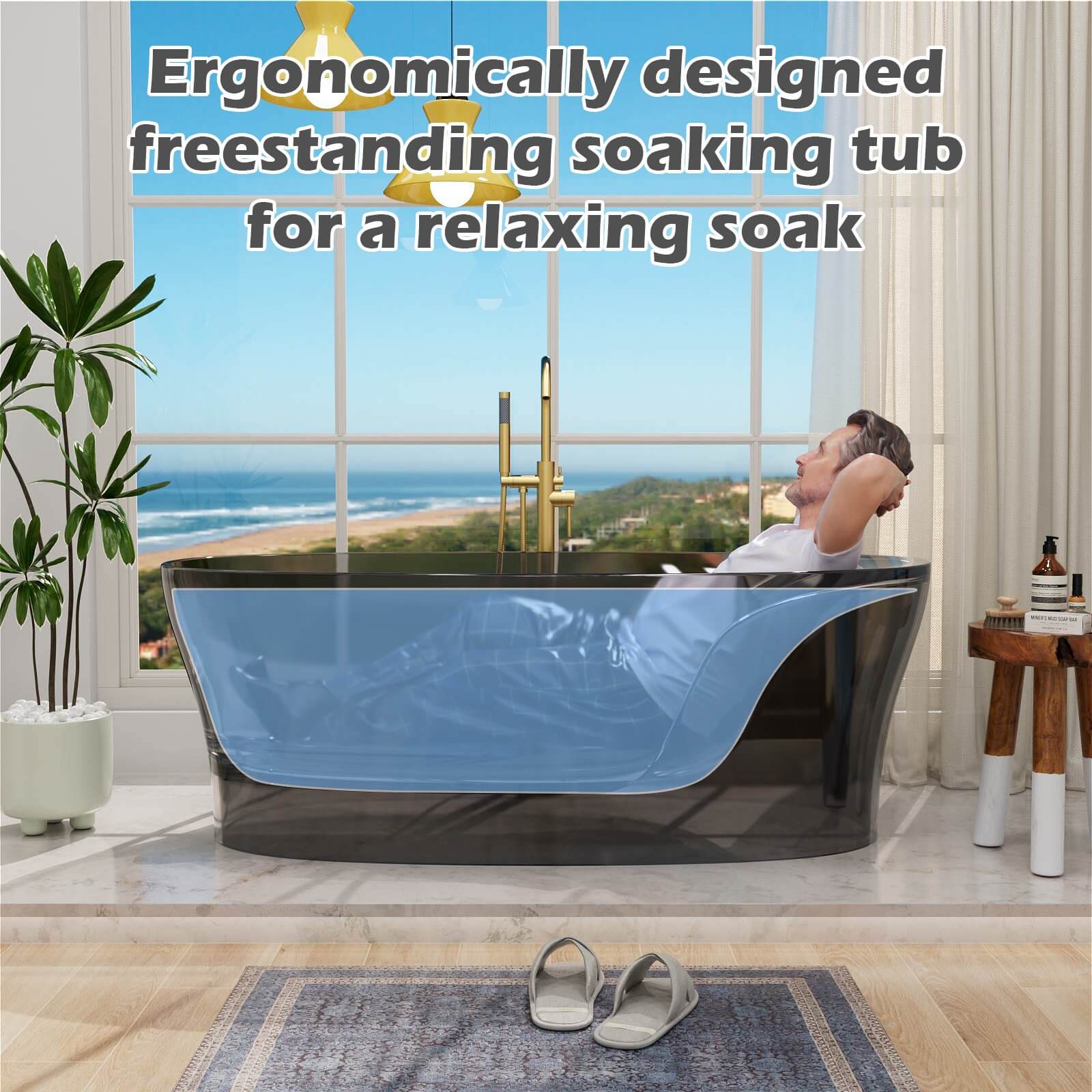 resin soaking tub with built in lumbar support backrest