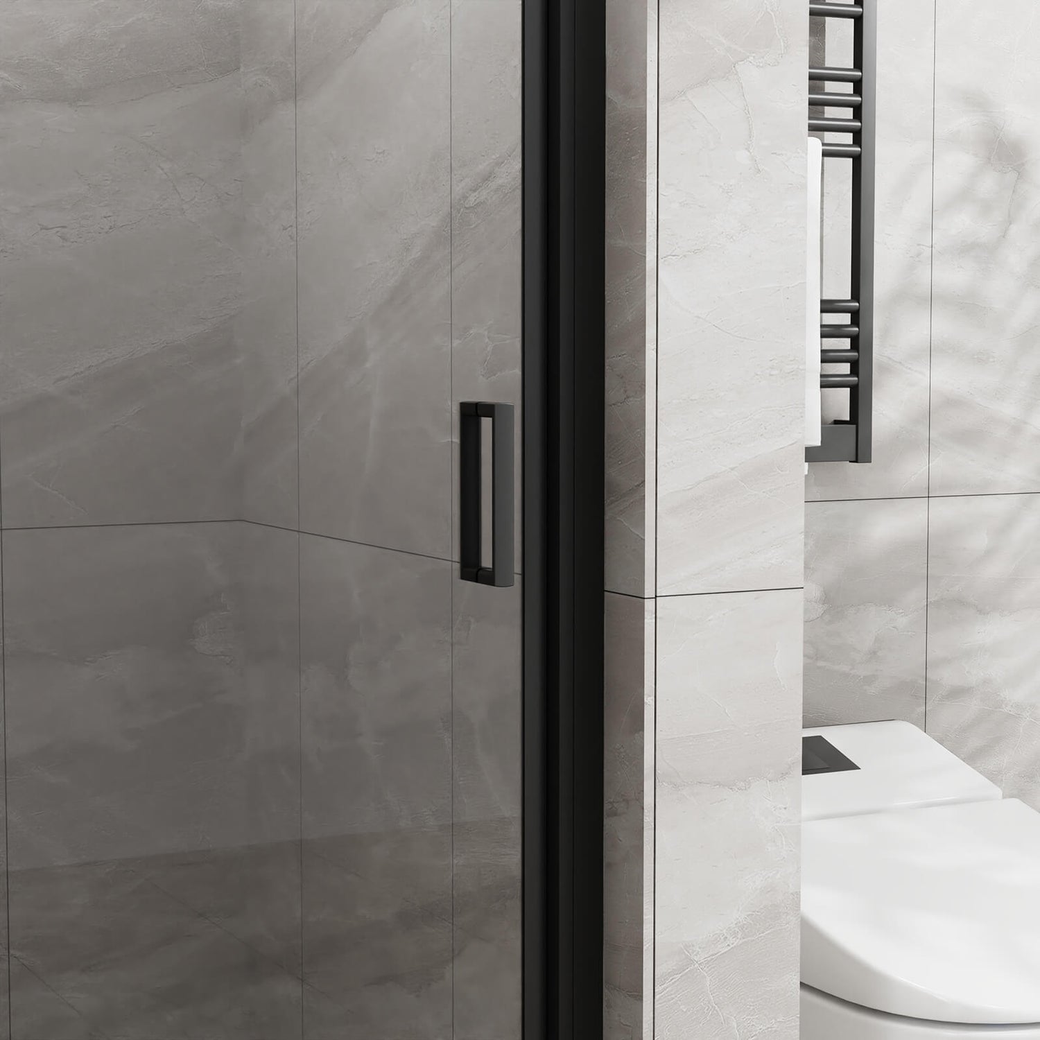 reversible pivot shower door kit with black frame and safety glass