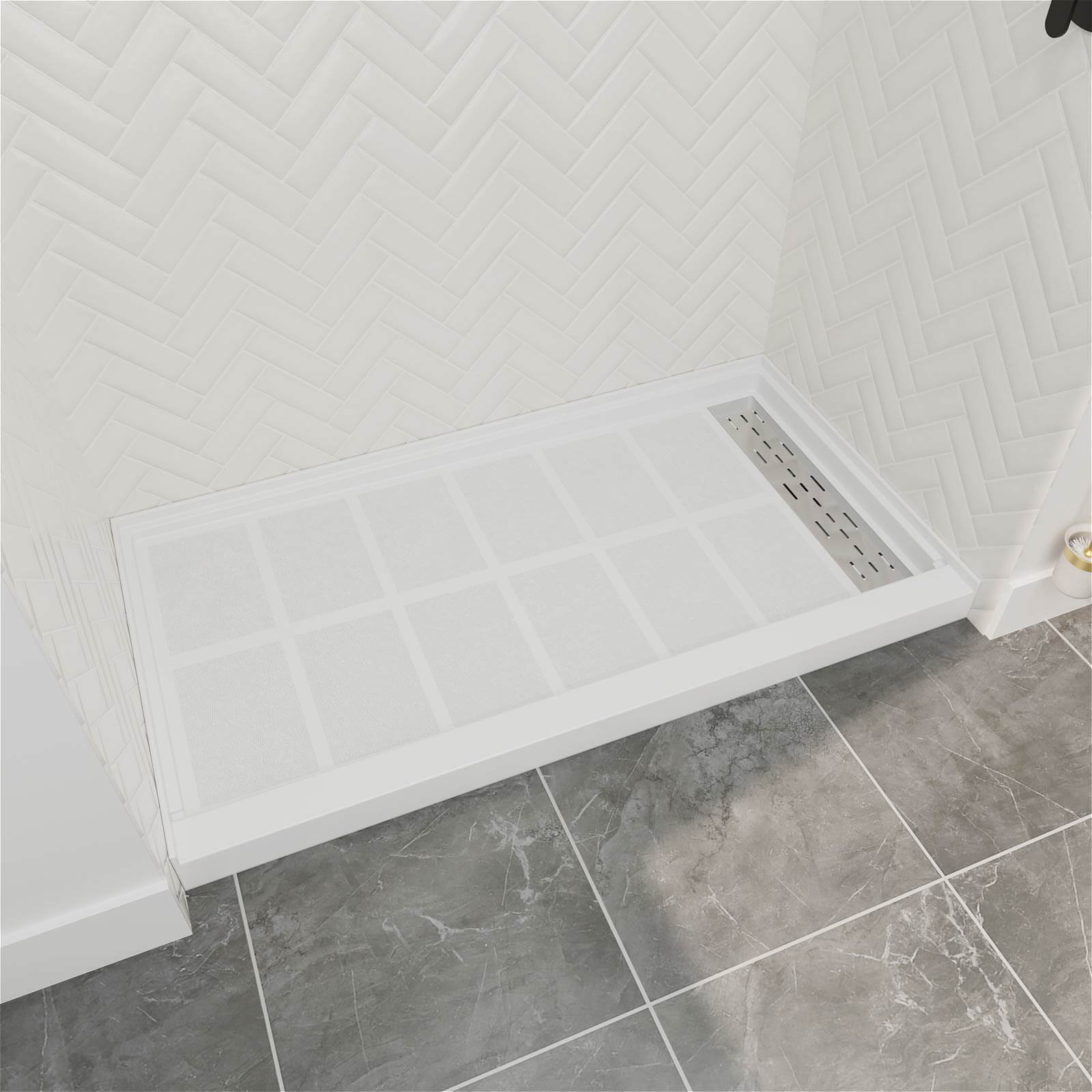 right drain white shower pan with removable stainless drain cover
