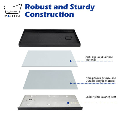 right drain shower pan with reinforced structure for long-lasting stability