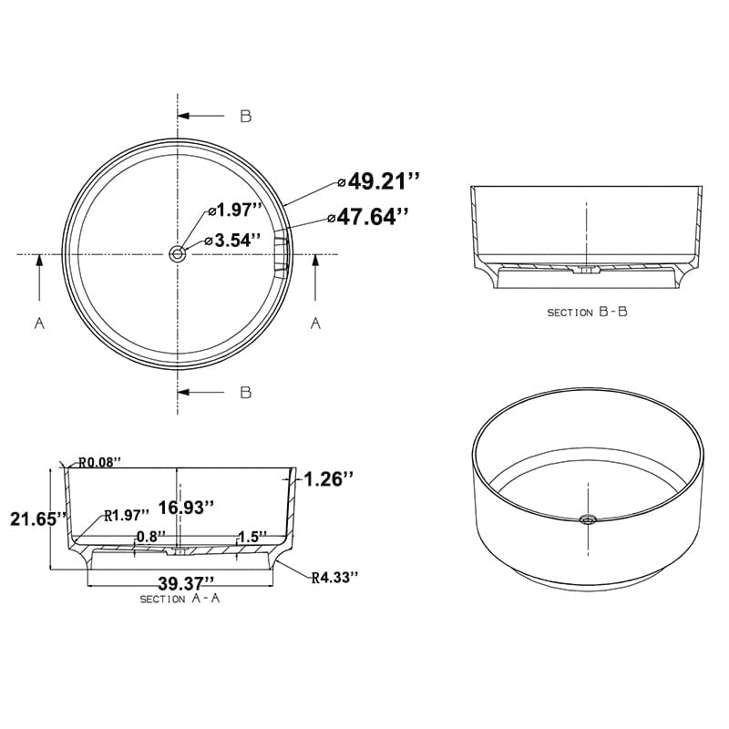 49&quot; Round Freestanding Japanese Soaking Bathtub Solid Surface Stone Resin Tub