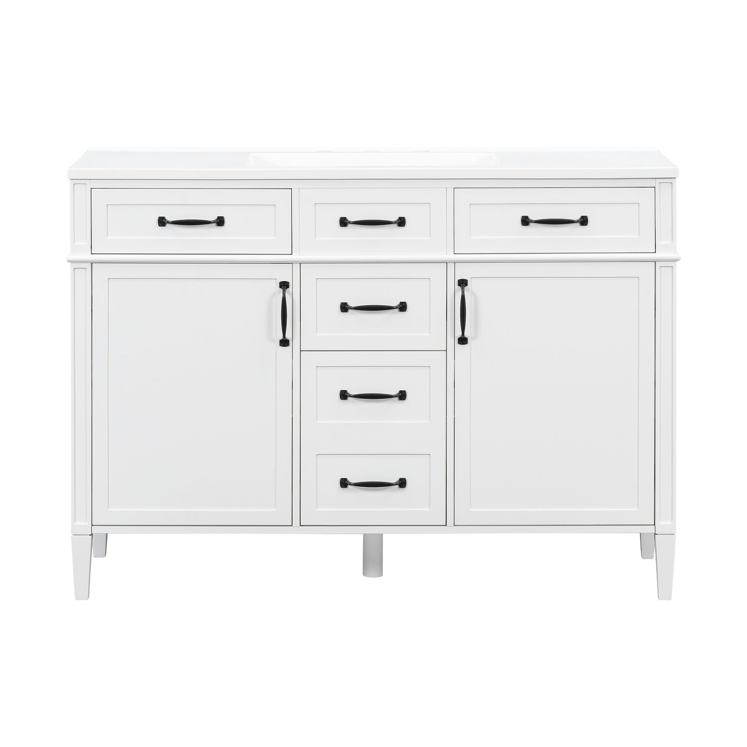 Shaker-style cabinet doors on minimalist 48 inch white freestanding bathroom vanity with composite sink