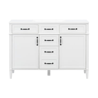 Shaker-style cabinet doors on minimalist 48 inch white freestanding bathroom vanity with composite sink