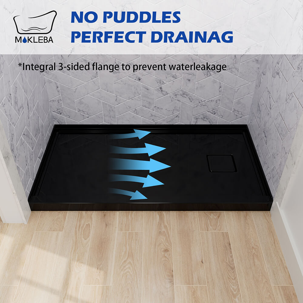 shower pan with three-sided flange and durable acrylic composite construction