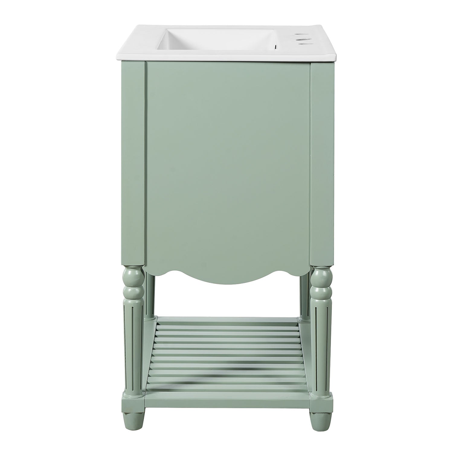 side angle view of vintage green bathroom vanity