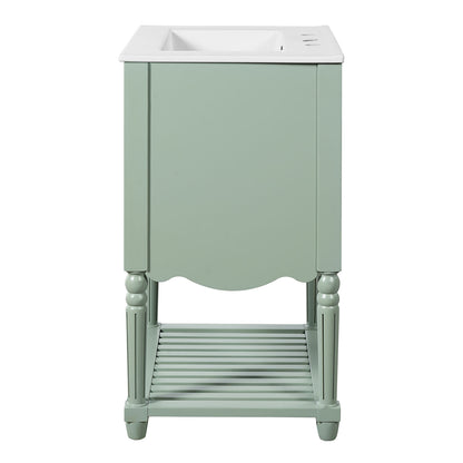 side angle view of vintage green bathroom vanity