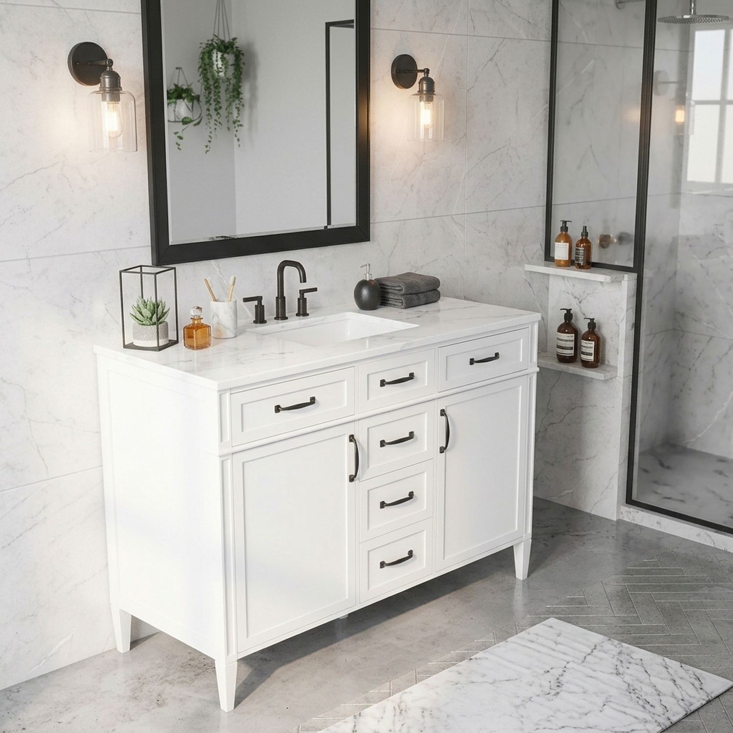 side perspective 48 inch white freestanding bathroom vanity cabinet with matte black hardware and composite sink