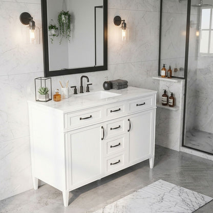 side perspective 48 inch white freestanding bathroom vanity cabinet with matte black hardware and composite sink