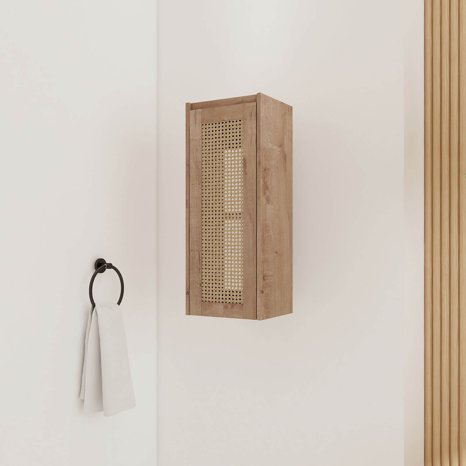 side view of 12 inch White Oak Bathroom Wall Cabinet with Rattan Door and Shelves