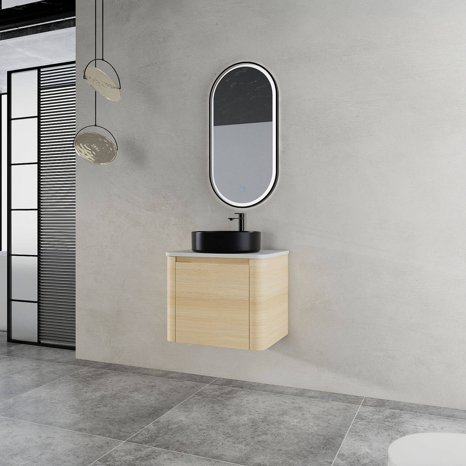 side view of 24 inch White Oak Bathroom Vanity with Black Ceramic Vessel Sink