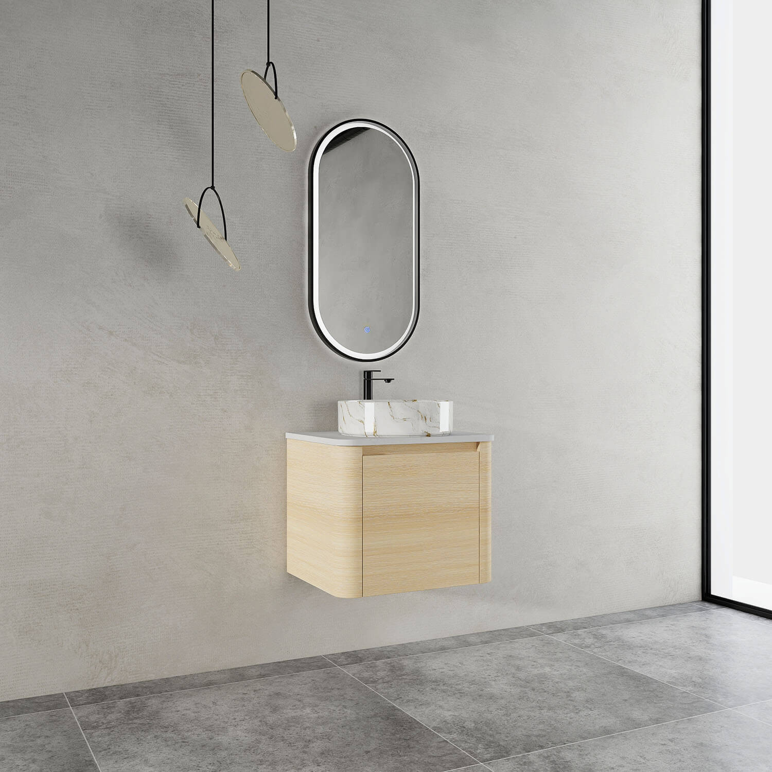 side view of 24 inch White Oak Bathroom Vanity with Golden Stone Pattern Ceramic Vessel Sink