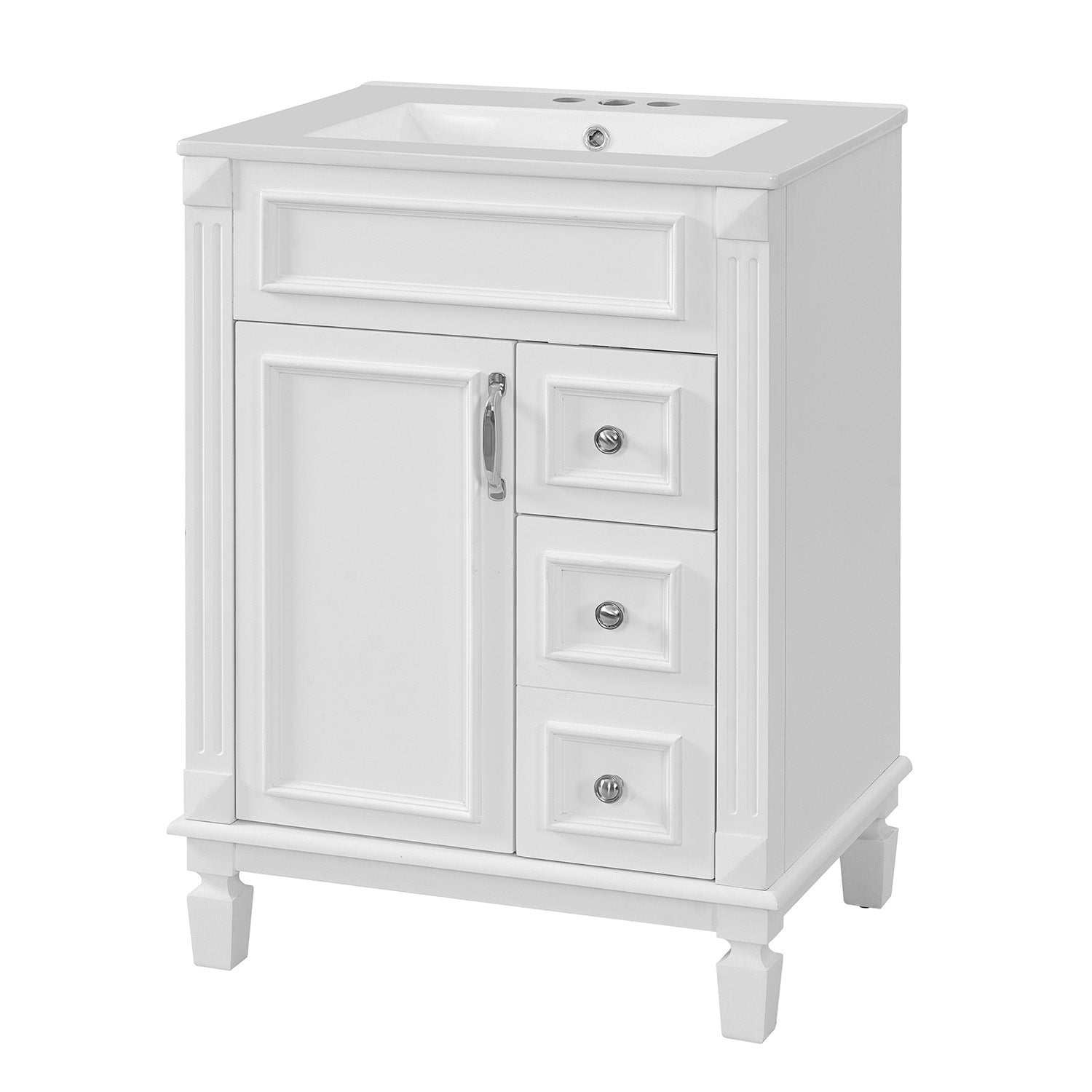 side view of 24 inch bathroom vanity with ceramic basin