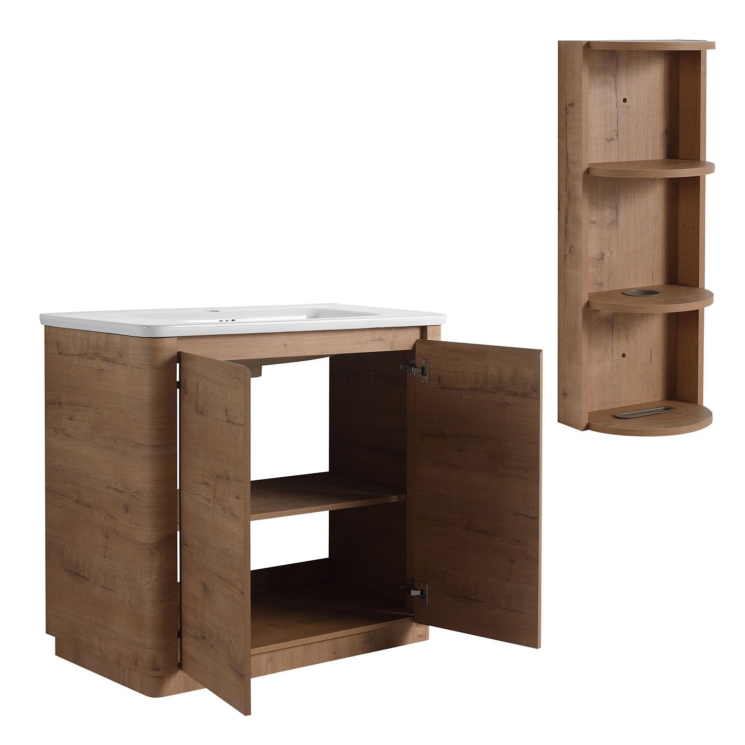 side view of 36-inch Freestanding Bathroom Vanity and 12 inch Wall Storage Cabinet