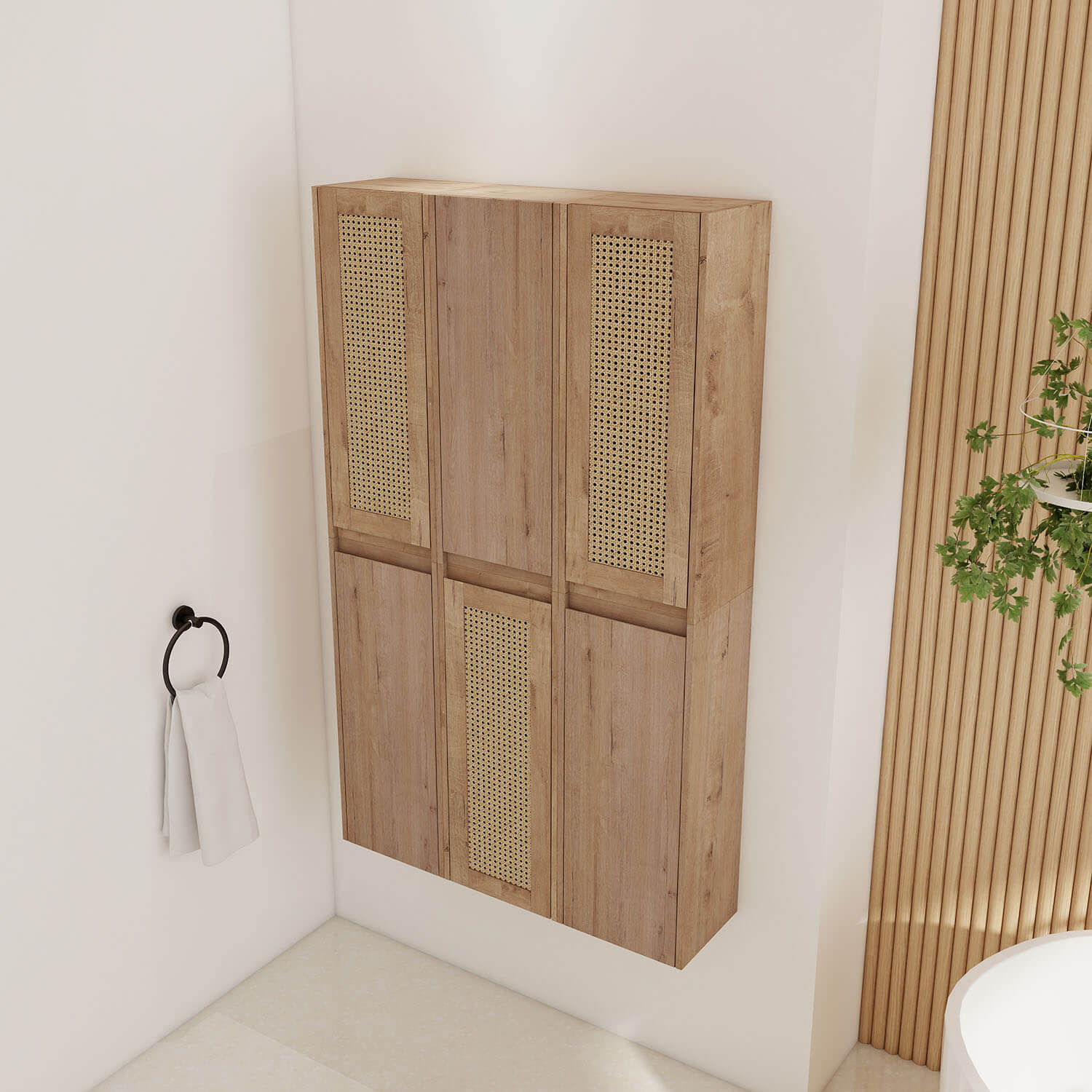 side view of 36 inch White Oak Bathroom Wall Cabinet with Six Doors and Shelves