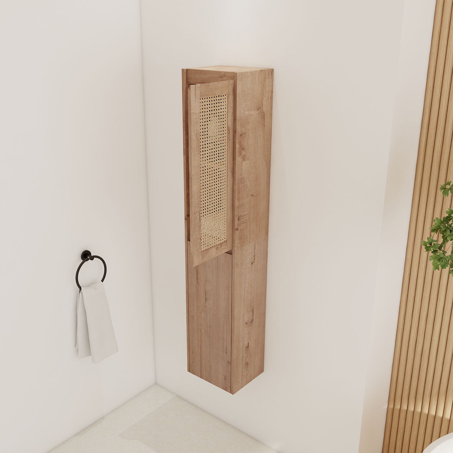 side view of 59 inch Tall White Oak Bathroom Wall Cabinet with Rattan Door and Shelves