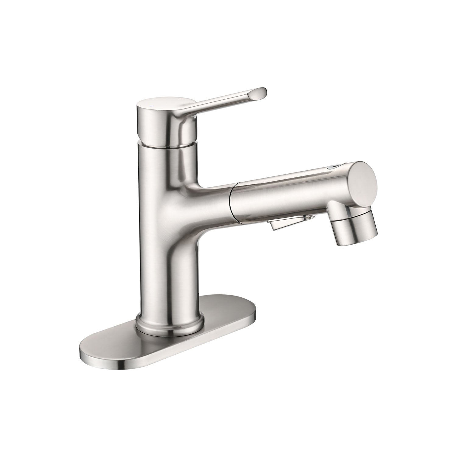 side view of Brushed Nickel Pull-Down Bathroom Faucet with deck plate