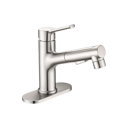 side view of Brushed Nickel Pull-Down Bathroom Faucet with deck plate