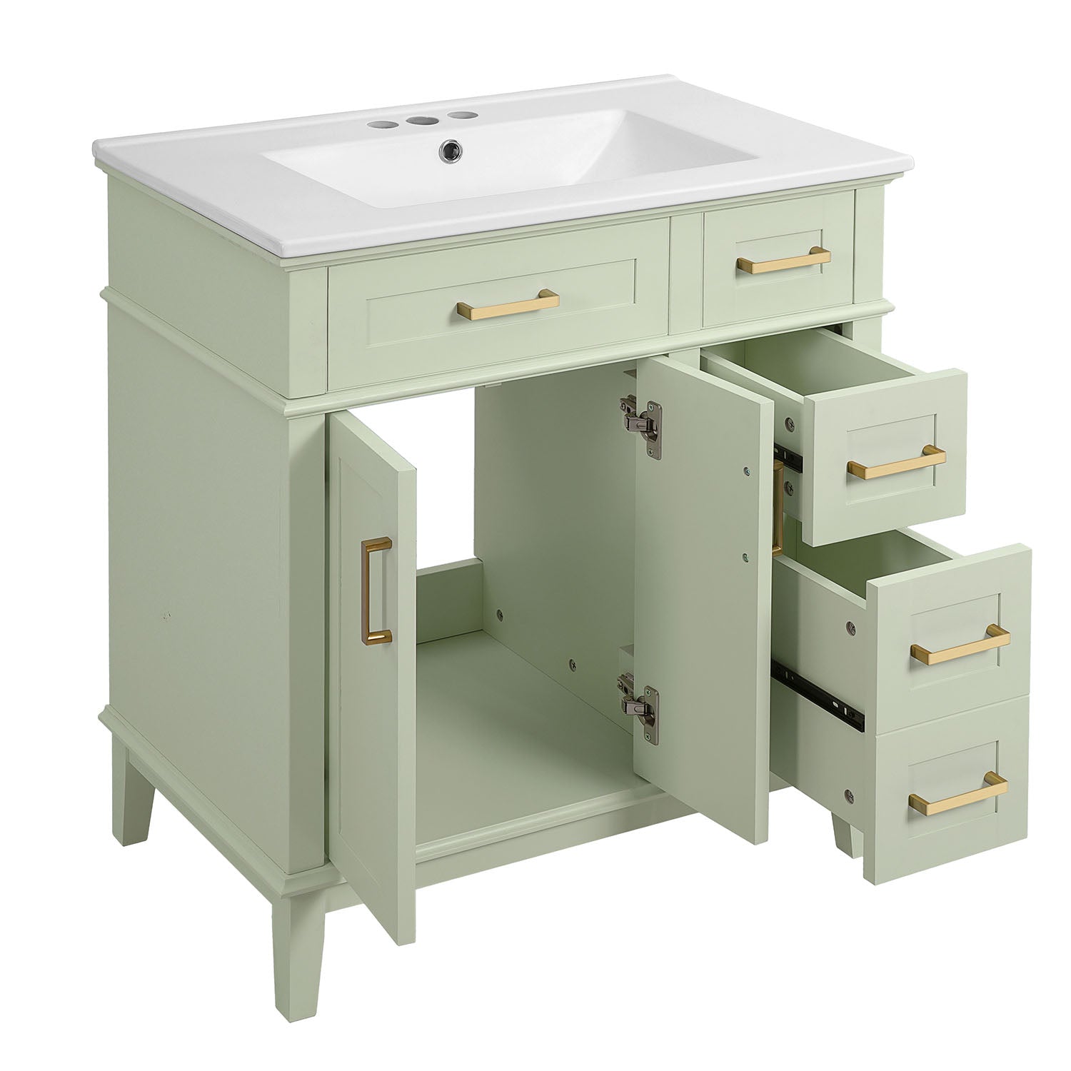 side view of Green modern bathroom cabinet with white ceramic basin